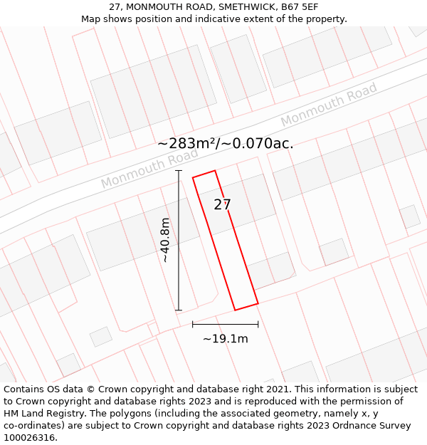 27, MONMOUTH ROAD, SMETHWICK, B67 5EF: Plot and title map