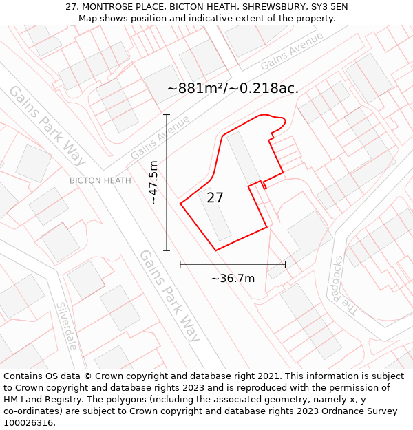 27, MONTROSE PLACE, BICTON HEATH, SHREWSBURY, SY3 5EN: Plot and title map