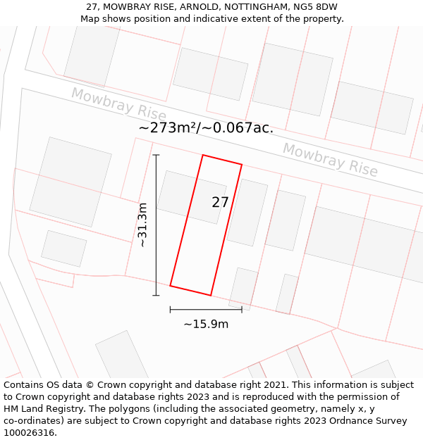 27, MOWBRAY RISE, ARNOLD, NOTTINGHAM, NG5 8DW: Plot and title map