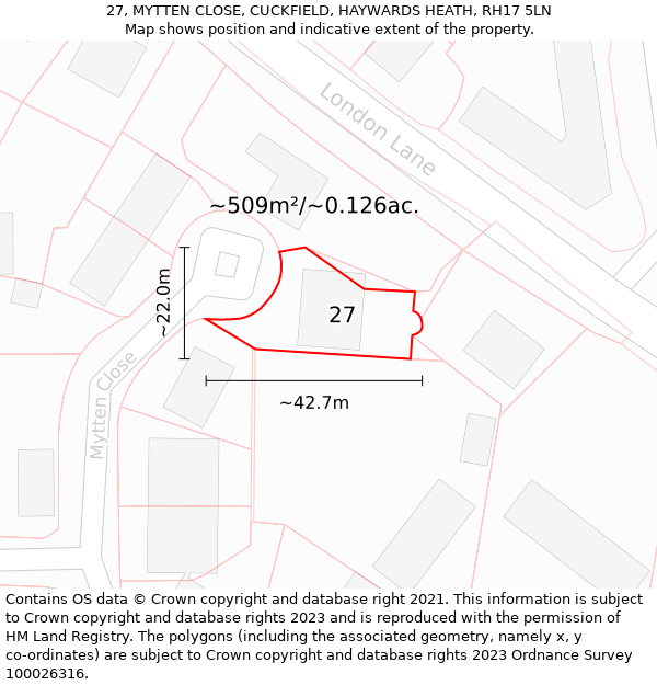 27, MYTTEN CLOSE, CUCKFIELD, HAYWARDS HEATH, RH17 5LN: Plot and title map