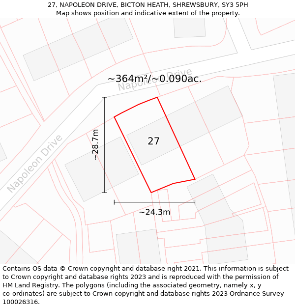 27, NAPOLEON DRIVE, BICTON HEATH, SHREWSBURY, SY3 5PH: Plot and title map