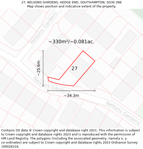 27, NELSONS GARDENS, HEDGE END, SOUTHAMPTON, SO30 2NE: Plot and title map