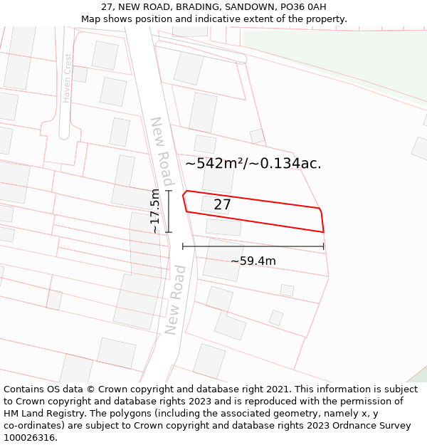 27, NEW ROAD, BRADING, SANDOWN, PO36 0AH: Plot and title map