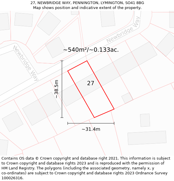 27, NEWBRIDGE WAY, PENNINGTON, LYMINGTON, SO41 8BG: Plot and title map