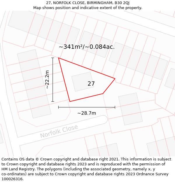 27, NORFOLK CLOSE, BIRMINGHAM, B30 2QJ: Plot and title map