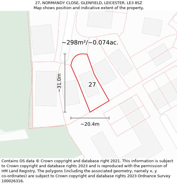 27, NORMANDY CLOSE, GLENFIELD, LEICESTER, LE3 8SZ: Plot and title map