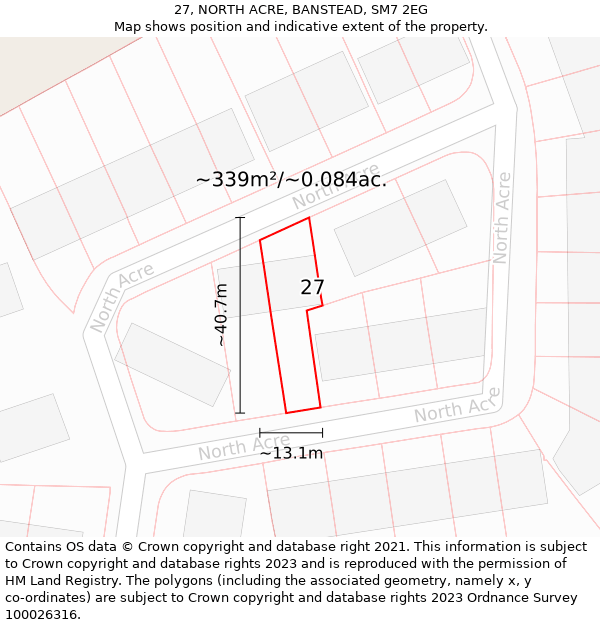 27, NORTH ACRE, BANSTEAD, SM7 2EG: Plot and title map