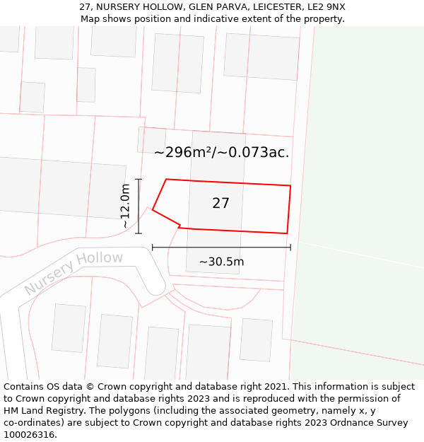 27, NURSERY HOLLOW, GLEN PARVA, LEICESTER, LE2 9NX: Plot and title map