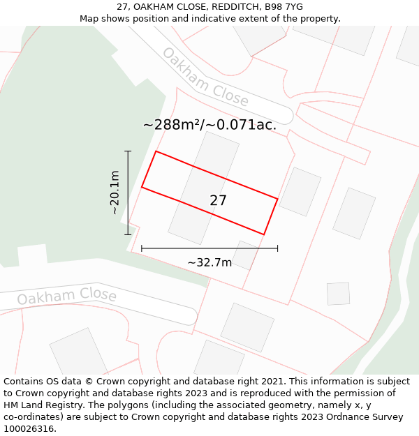 27, OAKHAM CLOSE, REDDITCH, B98 7YG: Plot and title map