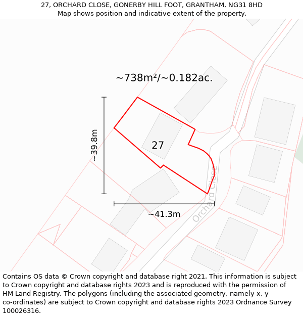 27, ORCHARD CLOSE, GONERBY HILL FOOT, GRANTHAM, NG31 8HD: Plot and title map