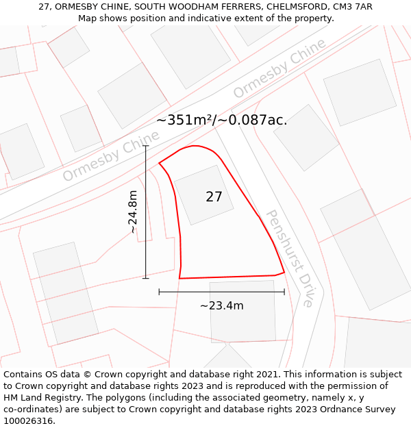 27, ORMESBY CHINE, SOUTH WOODHAM FERRERS, CHELMSFORD, CM3 7AR: Plot and title map