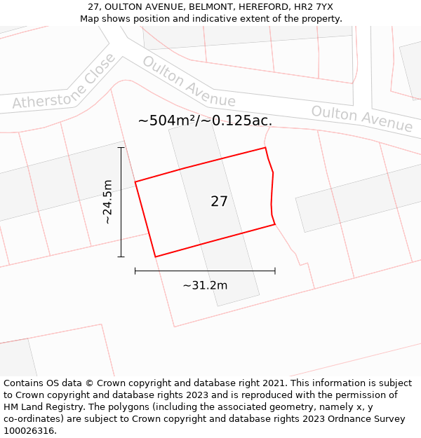 27, OULTON AVENUE, BELMONT, HEREFORD, HR2 7YX: Plot and title map