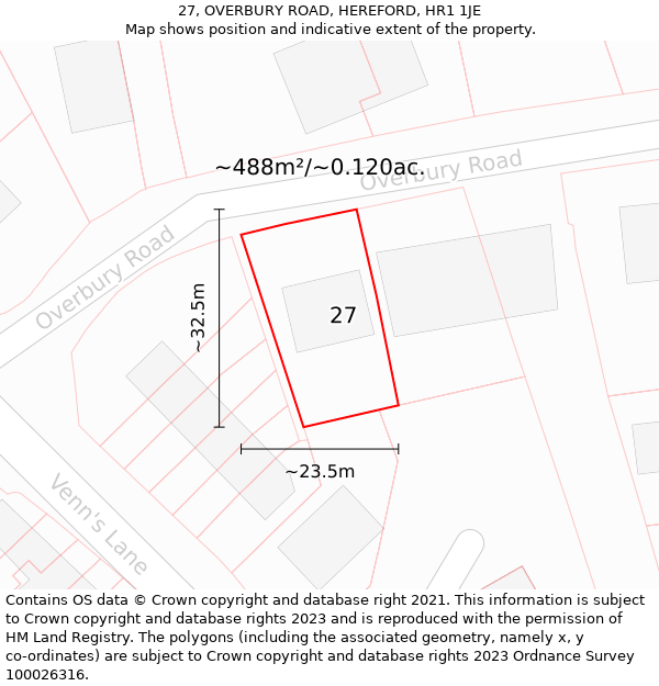 27, OVERBURY ROAD, HEREFORD, HR1 1JE: Plot and title map