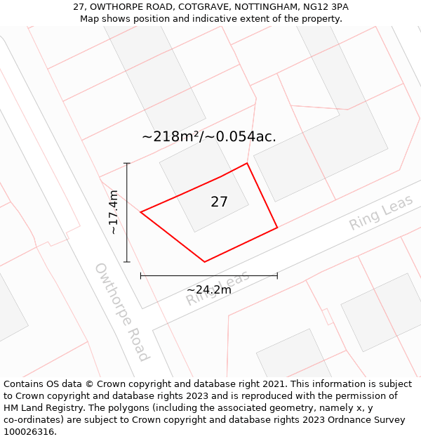 27, OWTHORPE ROAD, COTGRAVE, NOTTINGHAM, NG12 3PA: Plot and title map