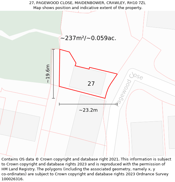 27, PAGEWOOD CLOSE, MAIDENBOWER, CRAWLEY, RH10 7ZL: Plot and title map