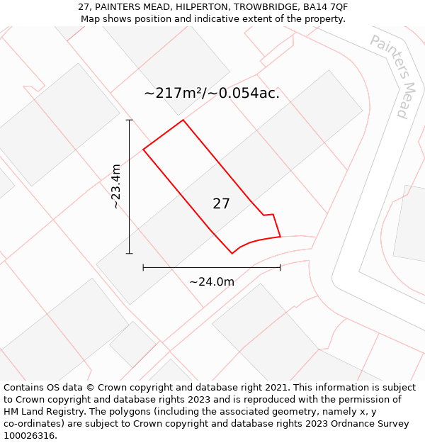 27, PAINTERS MEAD, HILPERTON, TROWBRIDGE, BA14 7QF: Plot and title map