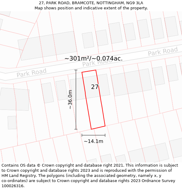 27, PARK ROAD, BRAMCOTE, NOTTINGHAM, NG9 3LA: Plot and title map