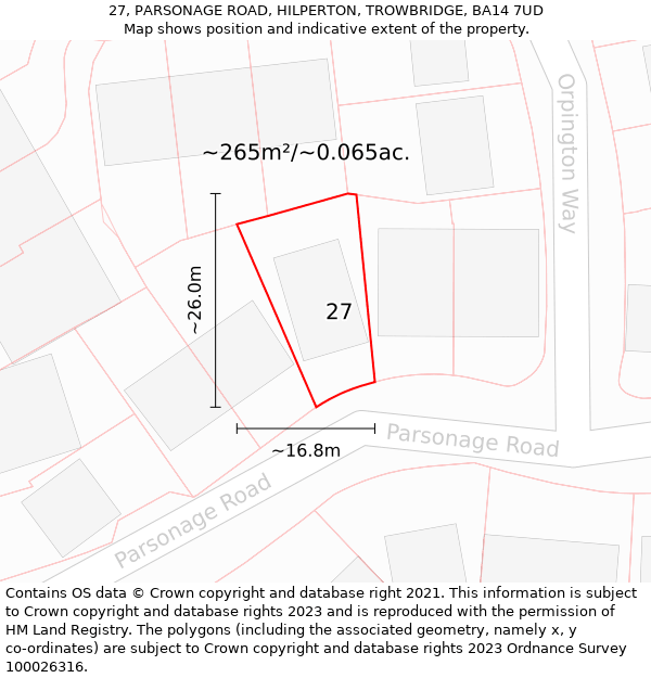 27, PARSONAGE ROAD, HILPERTON, TROWBRIDGE, BA14 7UD: Plot and title map