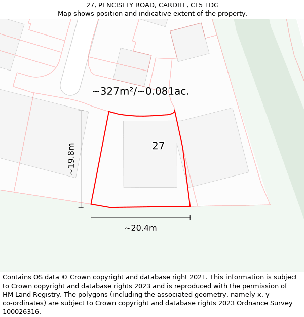 27, PENCISELY ROAD, CARDIFF, CF5 1DG: Plot and title map