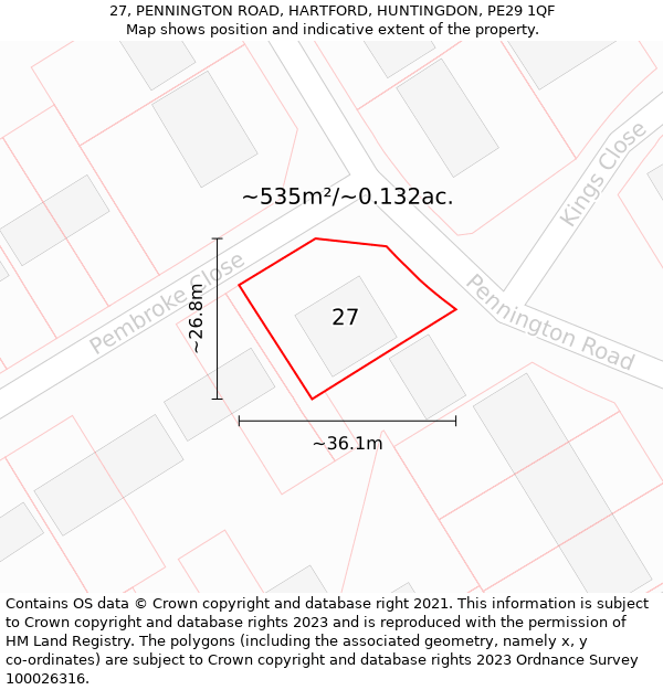 27, PENNINGTON ROAD, HARTFORD, HUNTINGDON, PE29 1QF: Plot and title map