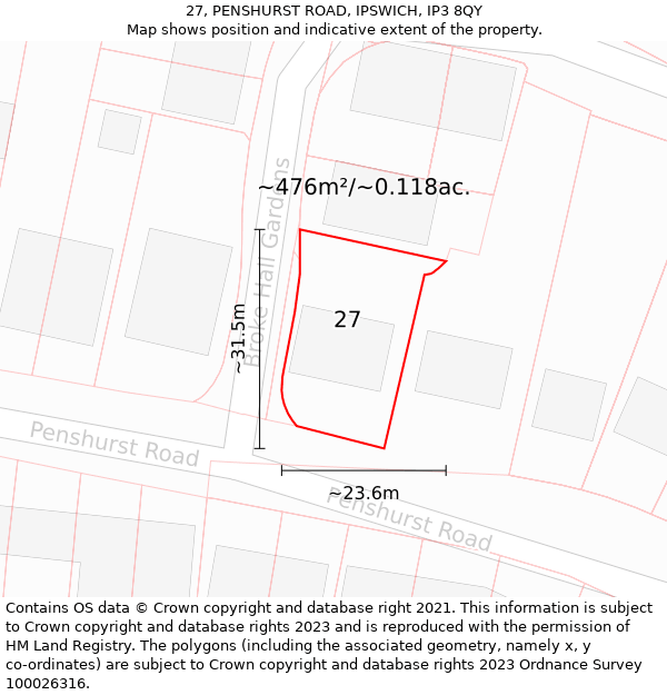 27, PENSHURST ROAD, IPSWICH, IP3 8QY: Plot and title map