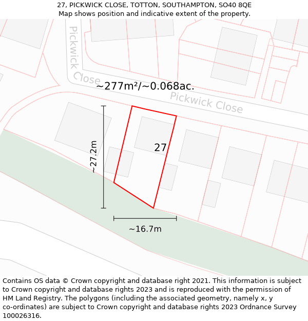 27, PICKWICK CLOSE, TOTTON, SOUTHAMPTON, SO40 8QE: Plot and title map