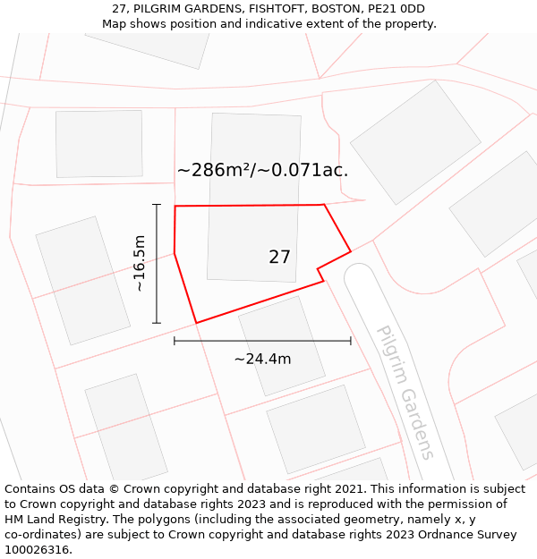 27, PILGRIM GARDENS, FISHTOFT, BOSTON, PE21 0DD: Plot and title map