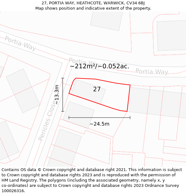 27, PORTIA WAY, HEATHCOTE, WARWICK, CV34 6BJ: Plot and title map