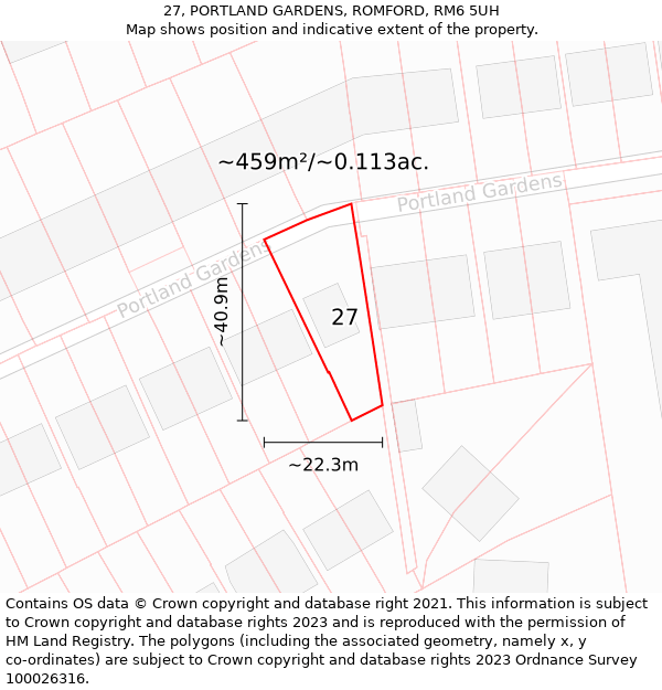 27, PORTLAND GARDENS, ROMFORD, RM6 5UH: Plot and title map