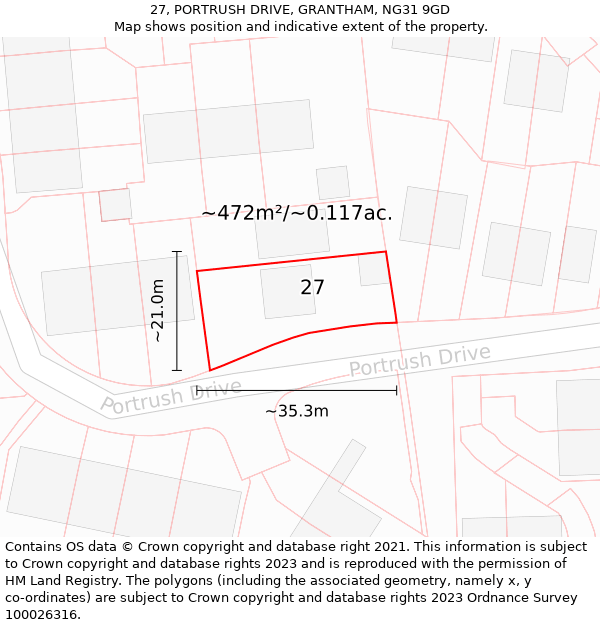 27, PORTRUSH DRIVE, GRANTHAM, NG31 9GD: Plot and title map