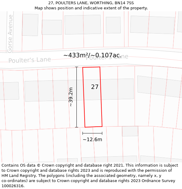 27, POULTERS LANE, WORTHING, BN14 7SS: Plot and title map