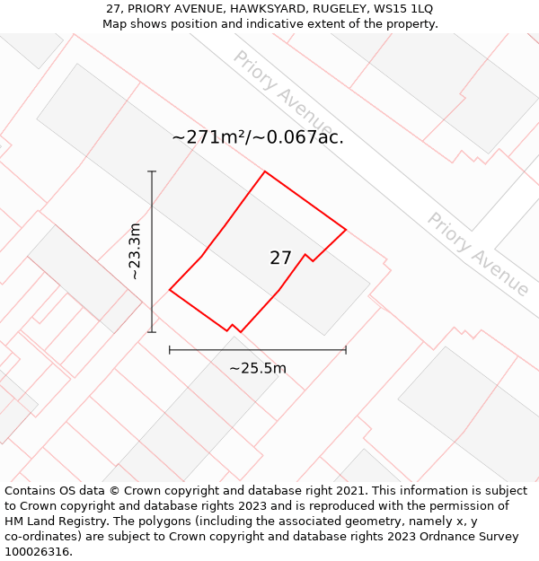 27, PRIORY AVENUE, HAWKSYARD, RUGELEY, WS15 1LQ: Plot and title map