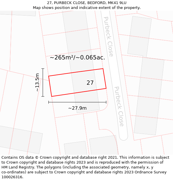 27, PURBECK CLOSE, BEDFORD, MK41 9LU: Plot and title map