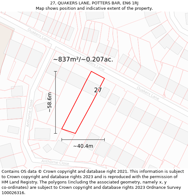 27, QUAKERS LANE, POTTERS BAR, EN6 1RJ: Plot and title map