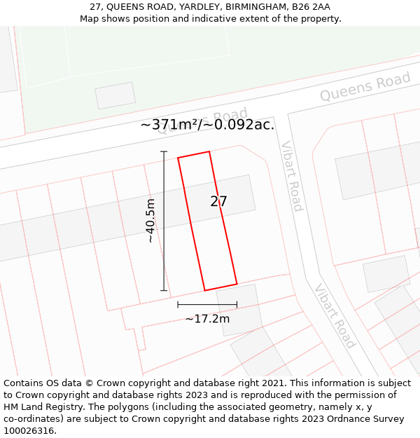 27, QUEENS ROAD, YARDLEY, BIRMINGHAM, B26 2AA: Plot and title map