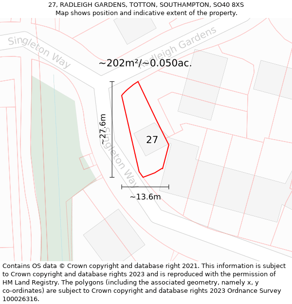 27, RADLEIGH GARDENS, TOTTON, SOUTHAMPTON, SO40 8XS: Plot and title map