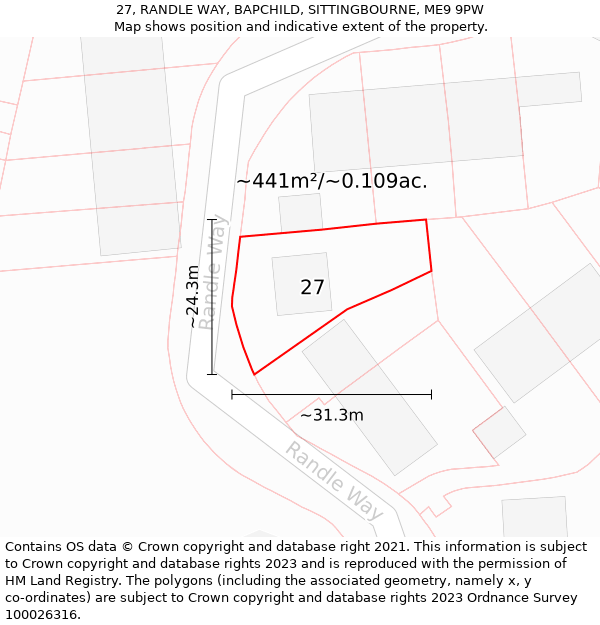 27, RANDLE WAY, BAPCHILD, SITTINGBOURNE, ME9 9PW: Plot and title map