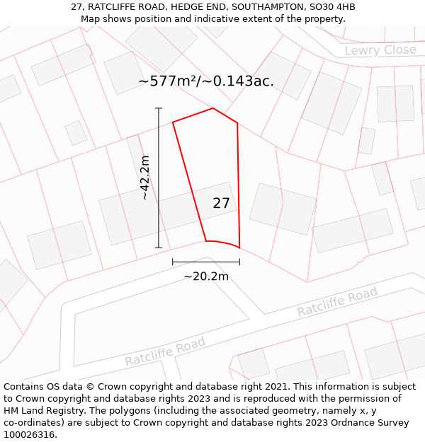 27, RATCLIFFE ROAD, HEDGE END, SOUTHAMPTON, SO30 4HB: Plot and title map