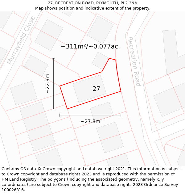27, RECREATION ROAD, PLYMOUTH, PL2 3NA: Plot and title map