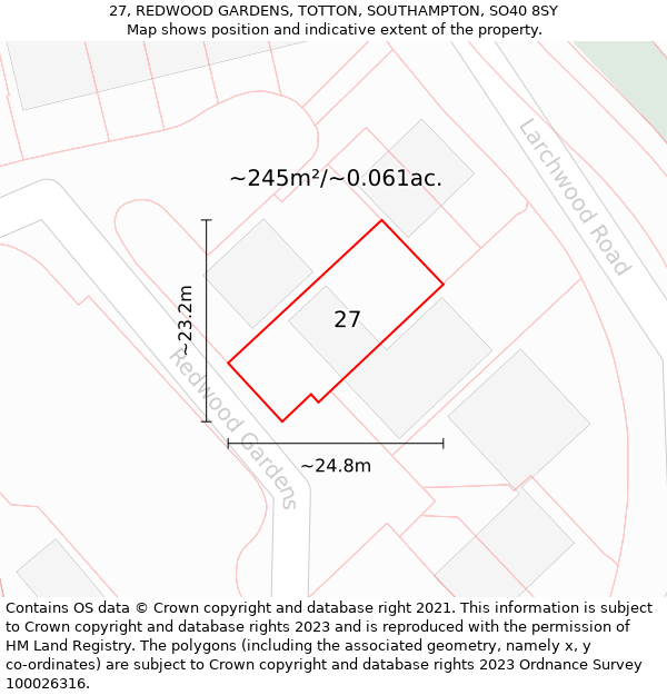 27, REDWOOD GARDENS, TOTTON, SOUTHAMPTON, SO40 8SY: Plot and title map