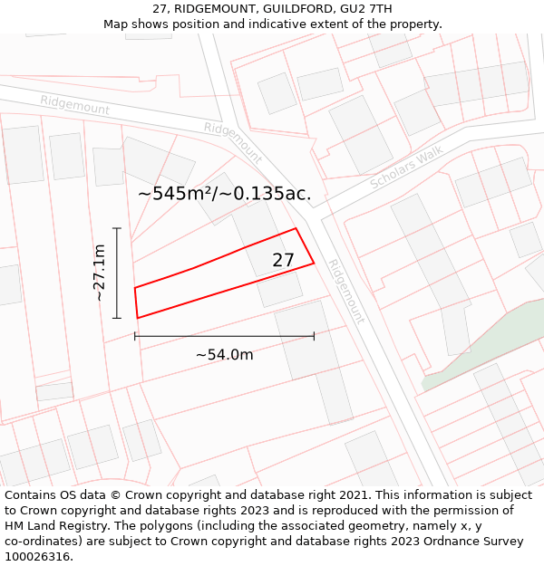 27, RIDGEMOUNT, GUILDFORD, GU2 7TH: Plot and title map