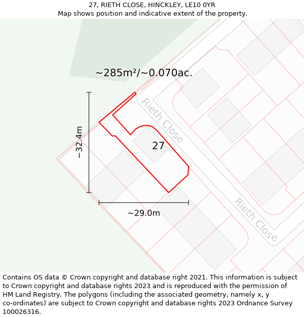 27, RIETH CLOSE, HINCKLEY, LE10 0YR: Plot and title map