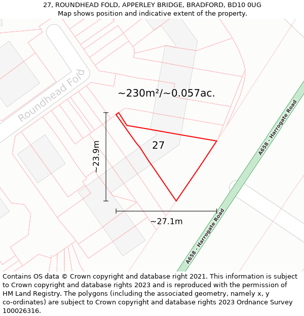 27, ROUNDHEAD FOLD, APPERLEY BRIDGE, BRADFORD, BD10 0UG: Plot and title map