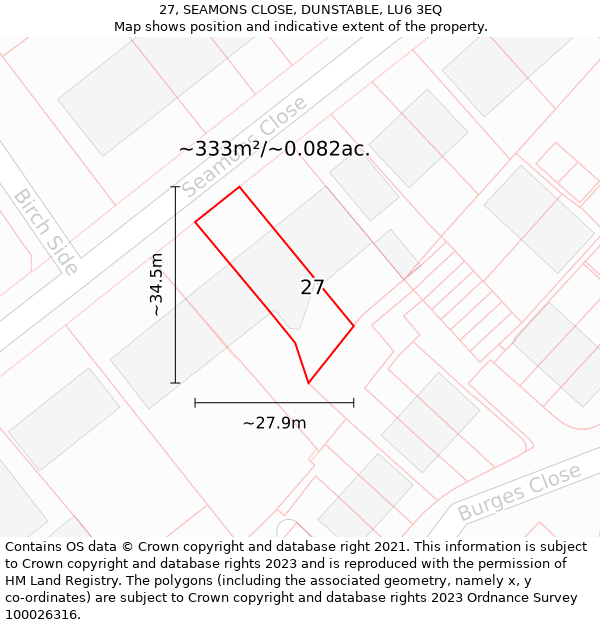 27, SEAMONS CLOSE, DUNSTABLE, LU6 3EQ: Plot and title map