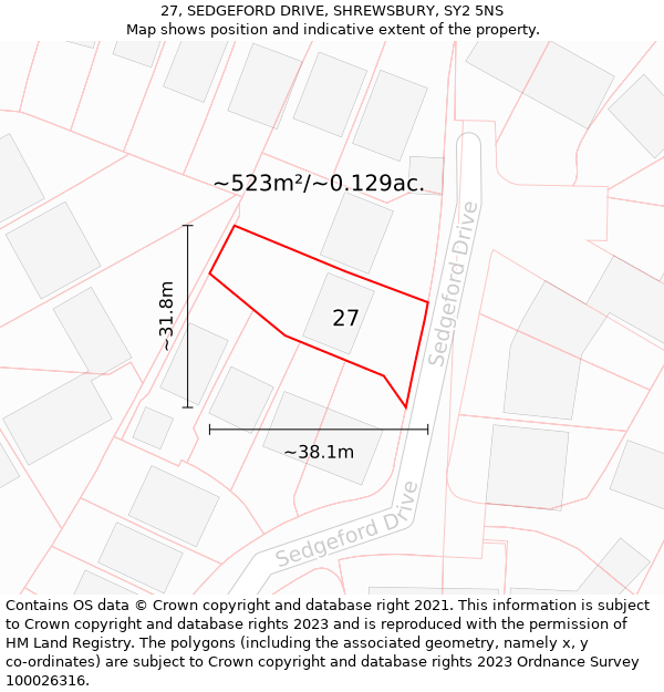 27, SEDGEFORD DRIVE, SHREWSBURY, SY2 5NS: Plot and title map