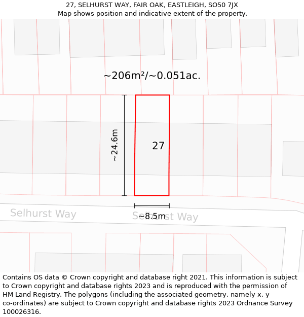 27, SELHURST WAY, FAIR OAK, EASTLEIGH, SO50 7JX: Plot and title map