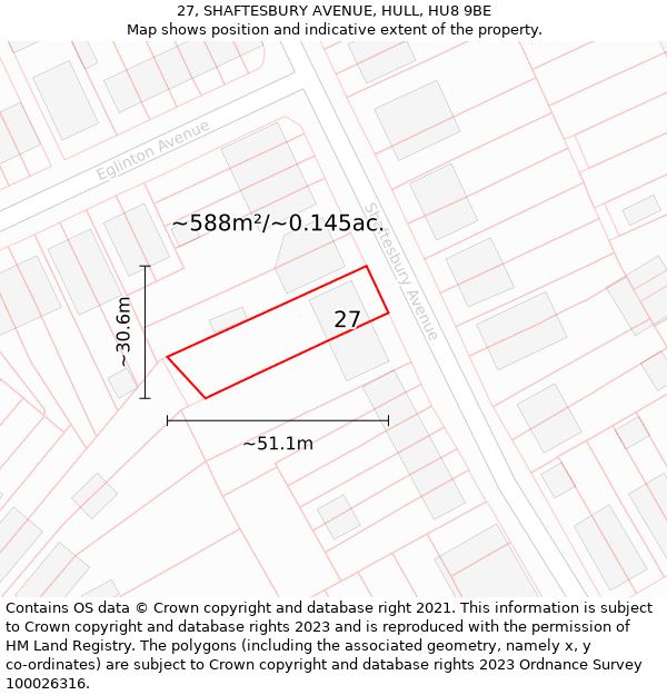 27, SHAFTESBURY AVENUE, HULL, HU8 9BE: Plot and title map