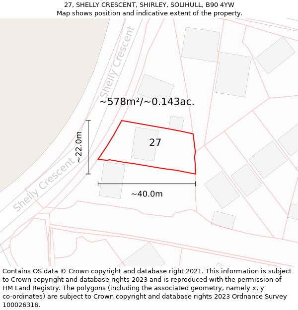 27, SHELLY CRESCENT, SHIRLEY, SOLIHULL, B90 4YW: Plot and title map