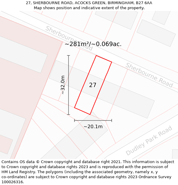 27, SHERBOURNE ROAD, ACOCKS GREEN, BIRMINGHAM, B27 6AA: Plot and title map