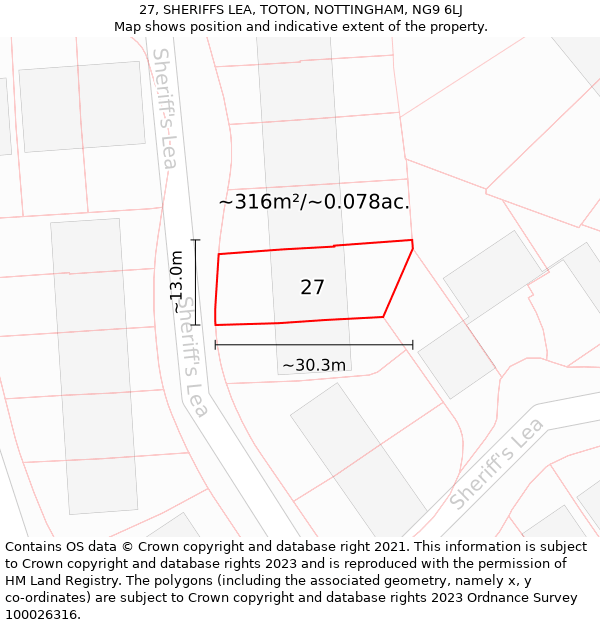 27, SHERIFFS LEA, TOTON, NOTTINGHAM, NG9 6LJ: Plot and title map